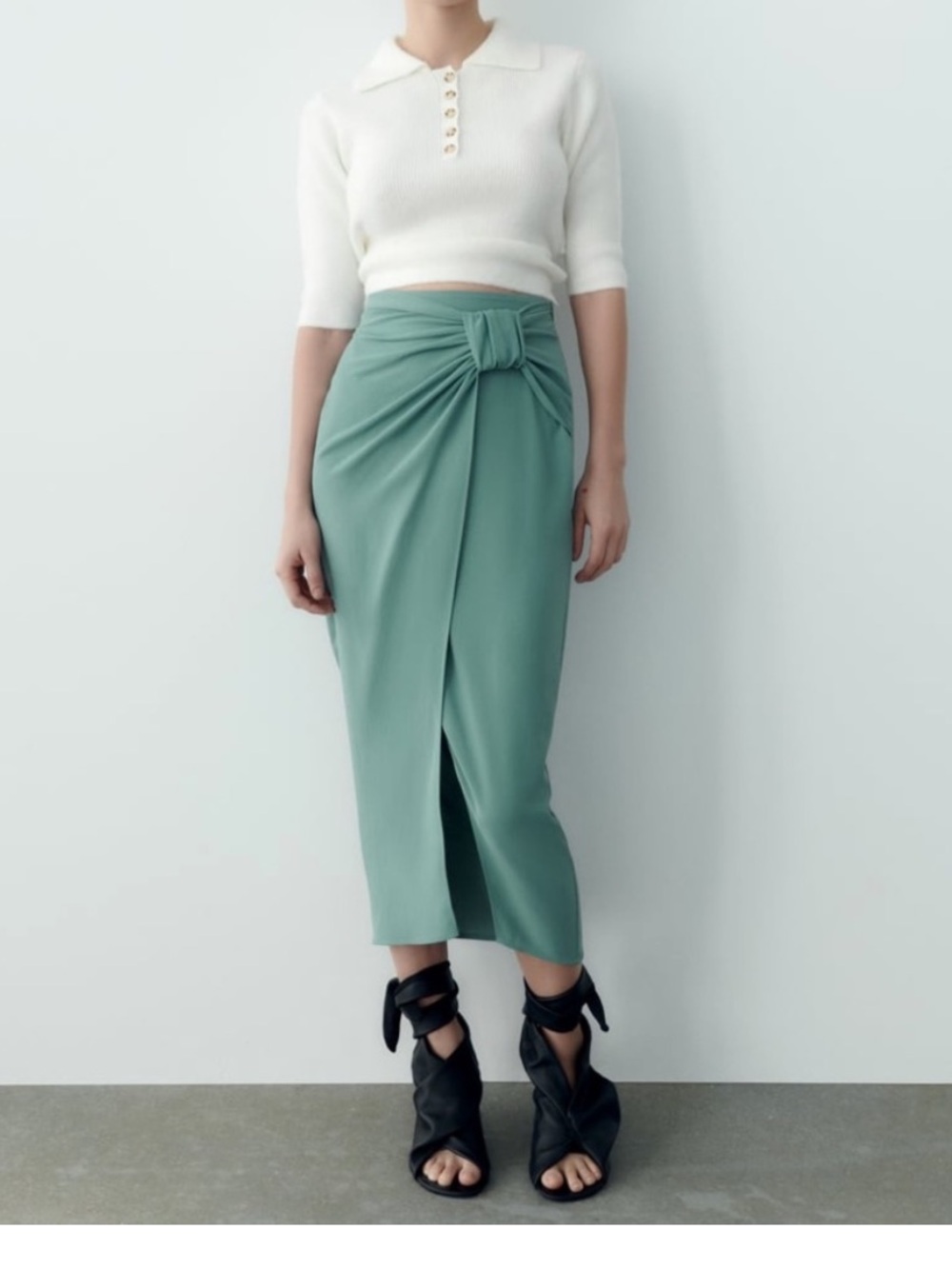 Light Blue Zara Ruched Midi Skirt, Size 2, Front Slit Side Zipper